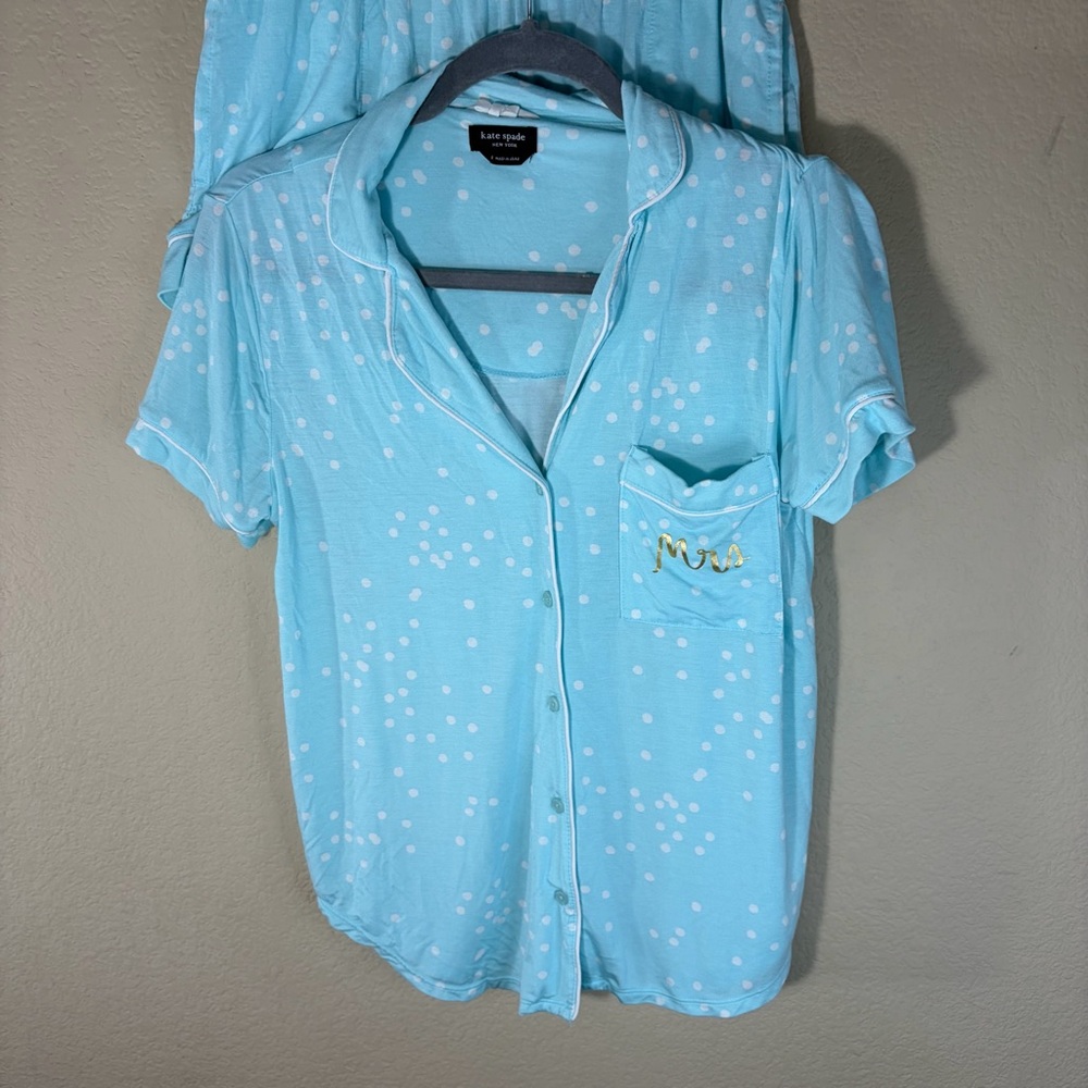 Kate Spade Womens MRS Bride Blue Polka Dot Pajamas Set Sz S Shirt &Short Comfy - Picture 4 of 7